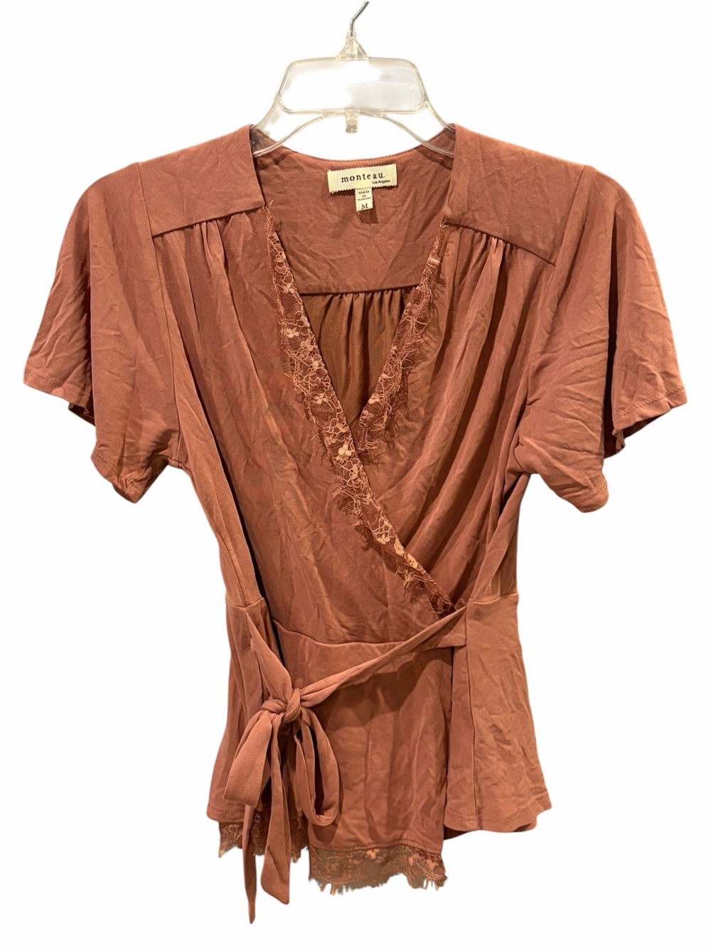 Monteau Los Angeles Lace Trim Wrap Top Size M Rust